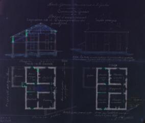 1 vue Commune de Gensac, projet d'assainissement et d'appropriation du presbytère, coupe, façade principale, plans du rez-de-chaussée et du 1er étage. Castex J.-A., architecte. 6 juin 1899. Ech. 0,01 p.m.