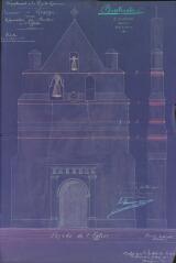 1 vue Commune de Grazac, réparation du clocher de l'église, façade de l'église, façade latérale du clocher. Dargein J., architecte. 17 mai 1901. Ech. 0,01 et 0,02 p.m.