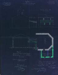 1 vue Département de la Haute-Garonne, commune de Montclar, église, construction de la sacristie. Delor F., architecte. 30 juillet 1886. Ech. 0,01 p.m.