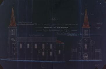 1 vue Commune de Montespan, projet de reconstruction de l'église, façade latérale sur le midi, façade du clocher. Castex J.-A., architecte. 26 juin 1886. Ech. 0,01 p.m.