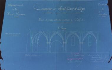 1 vue Commune de Saint-Pierre-de-Lages, projet de percement de croisées à l'église, coupe. Lacassin J., architecte. 10 juillet 1890. Ech. 0,01 p.m.