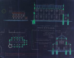 1 vue Commune de Saint-Plancard, projet de reconstruction de l'église, modifié conformément aux observations ministérielles, façade latérale sur le midi, coupe sur l'axe longitudinal, plan général de l'emplacement, coupe transversale. Castex J.-A., architecte. 2 mai 1893. Ech. 0,01 p.m. et 0,05 p.m.