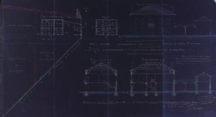 1 vue Commune de Saint-Plancard, projet d'assainissement et de réparations diverses au presbytère, plan du rez-de-chaussée et général de l'emplacement, plan du 1er étage, façade principale sur le midi, coupes transversale et longitudinale. Castex J.-A., architecte. 10 juin 1901. Ech. 0,01 et 0,05 p.m.