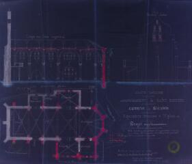 1 vue Commune de Saleich, réparations diverses à l'église, projet supplémentaire, coupe sur l'axe longitudinal, façade du clocher, plan. Castex J.-A., architecte. 29 décembre 1897. Ech. 0,01 p.m.