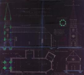 1 vue Commune de Sauveterre, projet de construction d'un clocher à l'église paroissiale, coupes longitudinale et transversale, plan, façade principale du clocher, section à l'étage du beffroi. Castex J.-A., architecte. 29 juin 1901. Ech. 0,01 p.m.