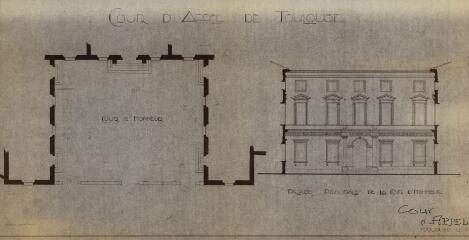 1 vue Cour d'honneur, plan, façade principale. - 1:100. - Reproduction numérique