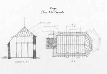 1 vue Etat des lieux : plan de la charpente, coupes / Henri Durand. - 1:100. - avril 1999. - Reproduction numérique