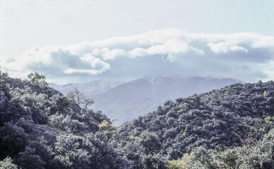 2 vues Paysage montagneux : au premier plan, versants arborés, et en arrière-plan, sommets de la chaîne.
