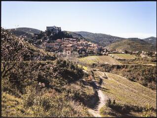 1 vue Castelnou. Vue du village dominé par son château médiéval et des vignes.