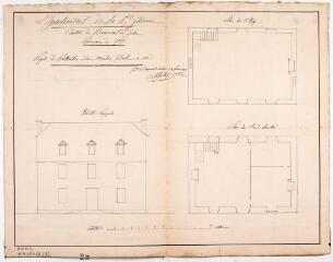 1 vue Projet de construction d'une maison d'école à Oô, élévation principale, plans du rez-de-chaussée et du 1er étage. Salles, architecte. 2 février 1836. Éch. 1/100.