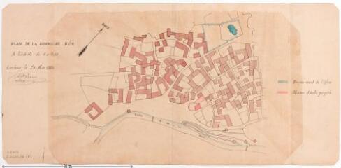 1 vue Plan de la commune d'Oô. Auguste Brevié, architecte. 20 mai 1880. Éch. 1/1250.
