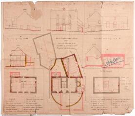 2 vues Projet d'aménagement d'école mixte pour la commune d'Oô, vues de coté et vue de face, coupes, plan général du rez-de-chaussée, du 1er étage et des mansardes. Auguste Brevié, architecte. 20 mai 1880. Éch. 0,01 p.m.