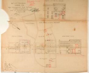 1 vue Commune d'Oô, projet d'aménagement d'une école mixte, façades du coté de la rivière, sur la cour des garçons, plan général du rez-de-chaussée et du 1er étage, coupe. Auguste Brevié, architecte. 20 janvier 1882. Éch. 0,01 p.m.