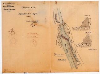 1 vue Commune d'Oô, réparation de la digue, plan des lieux. Davezac, architecte. 1925. Éch. 0,002 p.m.