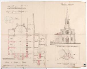 1 vue Commune de Péchabou, projet de réparation de l'église, plan, élévation principale, plan d'ensemble. E. Thiers, architecte. 10 avril 1875. Éch. 1/2500 et 1/100.