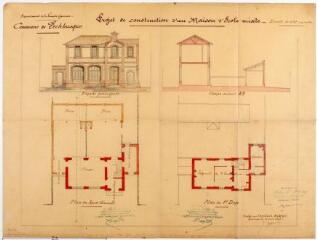 1 vue Commune de Pechbusque, projet de construction d'une maison d'école mixte, façade principale, coupe, plans du rez-de-chaussée et du 1er étage. J. Thillet, architecte. 22 juin 1895. Éch. 0,01 p.m.