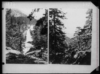1 vue Deux images : à gauche, cascade supérieure du pont d'Espagne ( 20 FI NC 1872) ; à droite, vallée du Marcadau (20 FI NC 3097).