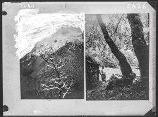 1 vue Deux images : à gauche, vers Bounéou et La Pique (20 FI NV 2444) ; à droite, Haute-Garonne : secteur de Saint-Béat ? Randonneurs dans une zone forestière (20 FI PV 5426).