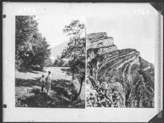 1 vue Deux images : à gauche, la famille Gaussen en Ariège (secteur de L'Herm ou Foix) (20 FI NC 3112) ; à droite, Aragon : vallée d'Anisclo, punta Crespena, passage de berger (20 FI NC 1363).