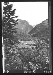 2 vues Forêt d'Issaux. Vue du vallon d'Issaux et des gorges de Lourdios, du chemin de la Mature (forêt d'Issaux). Dans le fond les granges d'Issaux (Auteur). - 19 juin 1943.