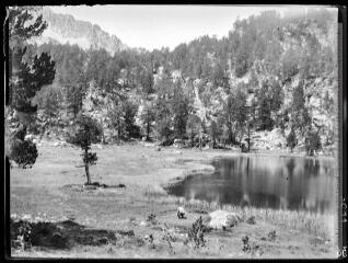 2 vues Vallée de l'Oule : lac sous le Montpelat ; vue depuis la tourbière flottante du fond et de sa marge de Carex Rostrator. - 5 août 1927.