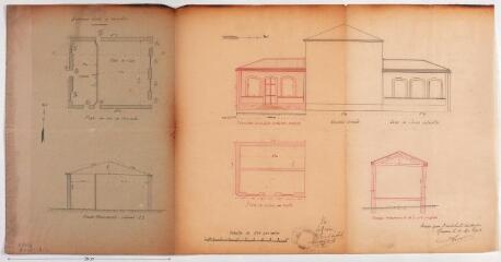 1 vue Commune de Plagnole, construction d'une salle de mairie et démolition de l'ancienne école, plan et coupe de l'ancienne école à démolir, plan, coupe et élévation de la salle de mairie projetée. Dupin, architecte. 30 mai 1913. Éch. 0,01 p.m.