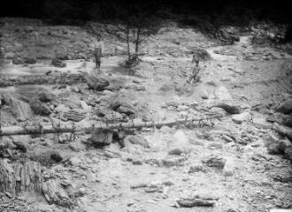 2 vues Vue de la Pique vis-à-vis Jouéou : sapin couché le lendemain de l'inondation Ousset et Marrot / photographie Gérard. - 23 juillet 1925. - Photographie
