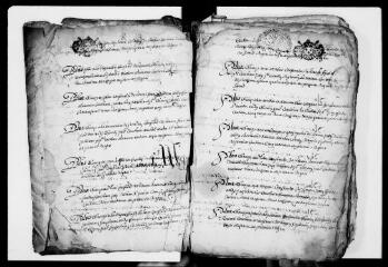 66 vues Commune de Malvezie. 1 G 1 : compoix, par Antoine Hellies, arpenteur de Mazères-du-Salat, 1728. Registre broché parchemin, folios 6-65. à restaurer