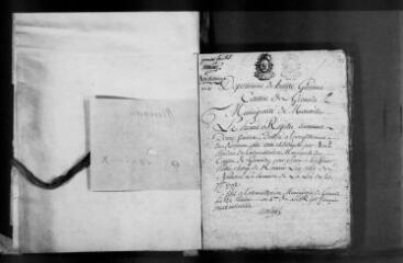 83 vues Menville : naissances, mariages, décès, ans IV-X (MQ N. an VII). (collection du greffe)