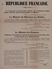 1 vue Affichage des dépêches des ministres de l?Intérieur et des Finances, avis du commissaire de la République sur la stabilité de la République