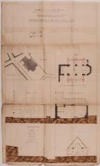 1 vue Commune de Jurvielle (vallée du Larboust), reconstruction des bas-côtés et exhaussement du clocher de l'église, plan général, élévations au sud-ouest et au nord-est, plan, coupes. Salles, architecte. 5 mai 1853. Ech. 1/200 et 1/100.