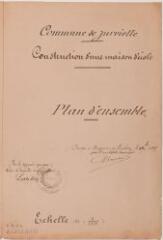 2 vues Commune de Jurvielle, construction d'une maison d'école, plan d'ensemble. Bauzil, architecte. 1er décembre 1887. Ech. 1/1250.