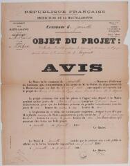 2 vues République française, préfecture de la Haute-Garonne, commune de Jurvielle, objet du projet : déclaration d'utilité publique des travaux de dérivation d'1,7 l/s d'eau de la source dite de Sagaret, avis. 9 avril 1908. Toulouse : imp. Douladoure-Privat.
