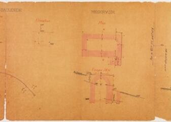 5 vues Commune de Jurvielle, projet d'adduction d'eau potable, dessin des ouvrages d'art, plan et coupe du bassin de captage, coupes et plans du passage du ruisseau de Saouède, plans, élévations et coupes du réservoir et du lavoir. Laubersac. 6 août 1908. Ech. 0,02 p.m.