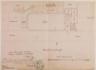 1 vue Plan du terrain communal et des propriétés privées qui entourent la nouvelle entrée de l'église de la commune de Labarthe-Rivière. Castex, architecte. 4 juillet 1855. Ech. 0,005 p.m.