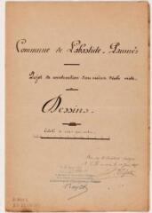 2 vues Commune de Labastide-Paumès, projet de construction d'une maison d'école mixte, coupe longitudinale, façades sud et est, plans du rez-de-chaussée et du 1er étage, détail de la classe, plan général, élévation et coupe des privés. Jean-Marie Pégot, architecte. 1er juin 1897. Ech. 0,01 et 0,005 p.m.