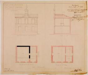 1 vue Plan, coupe et élévation d'une maison commune à construire dans la commune de Lacasse. Grenier, architecte. 3 mai 1856. Ech. 0,01 p.m.