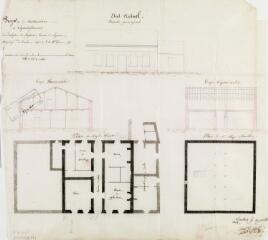 1 vue Projet de restauration et d'agrandissement du presbytère de Lasserre, état actuel, façade principale, coupes transversale et longitudinale, plans du rez-de-chaussée et du 1er étage (combles). Auguste Delort, architecte de Saint-Aubin. 20 juillet 1855. Ech. 0,01 p.m.