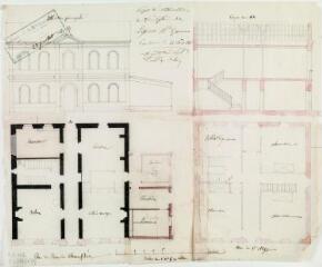 1 vue Projet de restauration du presbytère de Lasserre, élévation principale, coupe, plans du rez-de-chaussée et du 1er étage. Auguste Delort, architecte de Saint-Aubin. 24 août 1860. Ech. 0,01 p.m.
