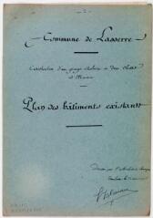 3 vues Commune de Lasserre, construction d'un groupe scolaire à deux classes et mairie, plan des bâtiments existants, plans du rez-de-chaussée et du 1er étage. Saint-Blancat, architecte. 10 avril 1906. Ech. 0,01 p.m.