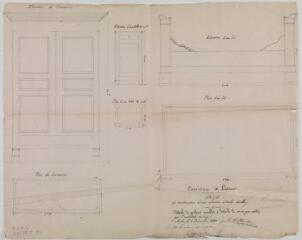1 vue Commune de Latoue, projet de construction d'une maison d'école double, détails de quelques meubles, plans et élévations d'une armoire, d'une table de nuit, d'un lit. J.-A. Castex, architecte. 3 décembre 1880. Ech. 0,10 p.m.