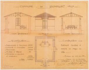 1 vue Commune de Launaguet, construction d'un bâtiment destiné à servir de salle de vote, coupes, face, plan. A. Isidore et R. Isidore, architecte. 25 novembre 1909. Ech. 0,02 p.m.