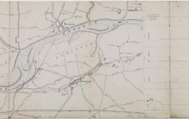 5 vues Ponts et Chaussées, rivière de Garonne, travaux défensifs projetés par la commune de Fenouillet, plan général des lieux et profils en travers. Chatellier, ingénieur. 24 février 1858. Ech. 1/10000 et 1/200.