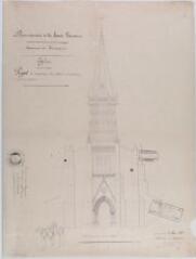 1 vue Commune du Fousseret, église, projet de construction d'un clocher et de restauration de la façade principale, élévation. Jacques Esquié, architecte du département. 8 mars 1851. Ech. 0,01 p.m.