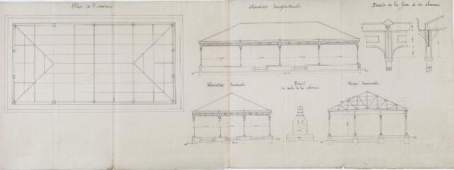 4 vues Commune du Fousseret, projet de construction d'une halle des marchands, plan de l'ossature, élévations longitudinale et latérale, coupe transversale, détails du socle de la colonne, de la frise et du cheneau. Bilhard, architecte. 27 janvier 1898. Ech. 0,01 et 0,05 p.m.