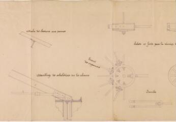 5 vues Commune du Fousseret, projet de construction d'une halle métallique système de ferme Polonceau modifié conformément aux observations du Conseil des bâtiments civils, assemblage des arbalétriers, coupe latérale, sabot de réunion des tirants, attache des chevrons aux pannes, assemblage des arbalétriers sur les colonnes, tirant des empanons, sabots de fonte pour la réunion des tirants, fourche, sabots de fonte pour la réunion des arbalétriers et du poinçon, assemblages des tirants. Bilhard, architecte. 12 février 1899. Ech. 0,01 et 0,10 p.m.