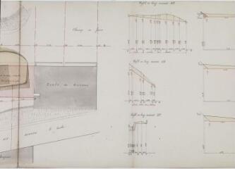 8 vues Commune du Fousseret, projet de préaux couverts pour l'école de garçons, plan d'ensemble, profils en long et en travers, élévation, coupes longitudinale et transversale, plan. J. Bilhard. 27 janvier 1898. Ech. 0,005 et 0,01 p.m.