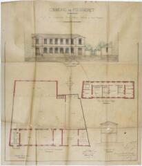 1 vue Commune du Fousseret, projet de construction d'une maison d'école à deux classes, façade principale, plans du rez-de-chaussée et du 1er étage, coupe. Thillet, architecte. 27 août 1907. Ech. 0,01 p.m.