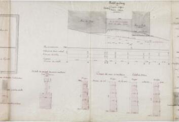 5 vues Commune du Fousseret, reconstruction du mur de clôture derrière la maison d'école des filles et appropriation des abords, plan des lieux, coupes du mur et de l'escalier de descente à la cave, profils en long et en travers. 20 mai 1908. Ech. 0,01 et 0,02 et 0,05 et 0,005 p.m.