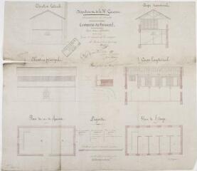 1 vue Commune du Fousseret, projet d'un abattoir, plan général des lieux, élévations latérale et principale, coupes transversale et longitudinale, plans du rez-de-chaussée et du 1er étage. Boudaut. 29 avril 1859. Ech. 0,015 et 0,008 p.m.